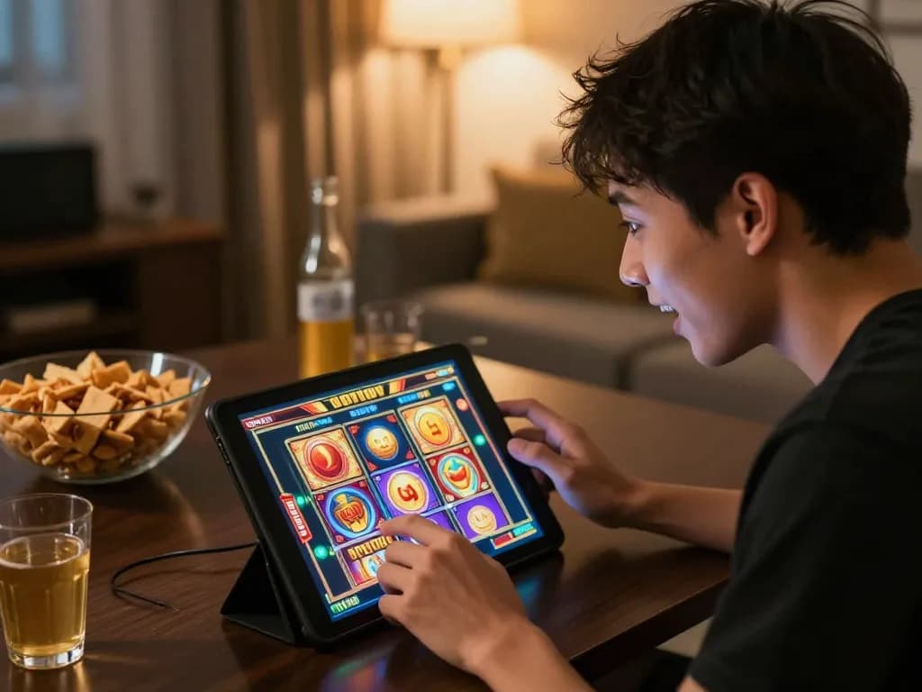 KDTOTO player engaged in an exciting jackpot slot game on a tablet in a cozy home environment.