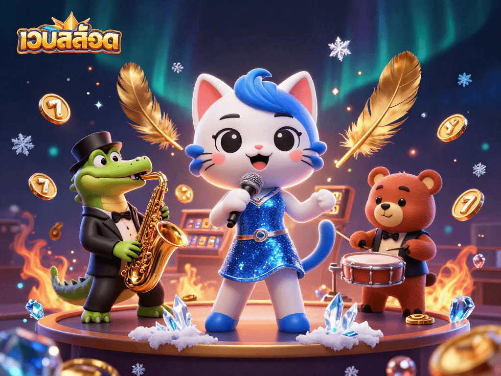 Spinning เว็บสล็อต reels featuring a jazz-singer cat, saxophone crocodile, and drum-playing bear.
