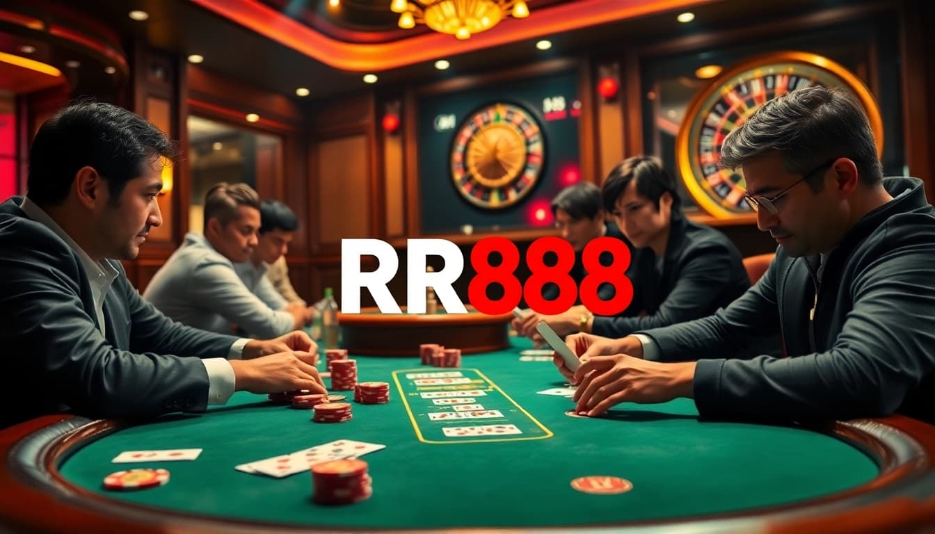 Players enjoy a thrilling poker game at RR88, surrounded by vibrant casino elements.
