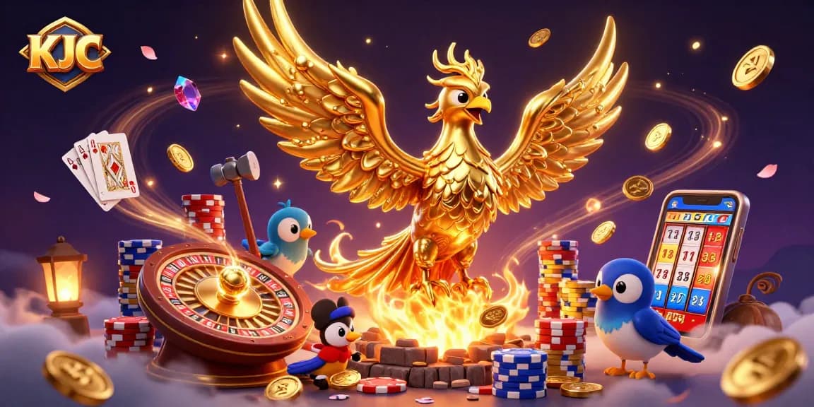 KJC players enjoy a vibrant casino scene with golden phoenix and dynamic gaming elements.