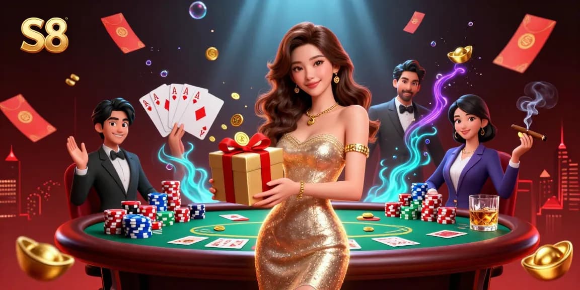 S8 promotes excitement with a stunning woman in casino scenes surrounded by poker elements and festive decor.
