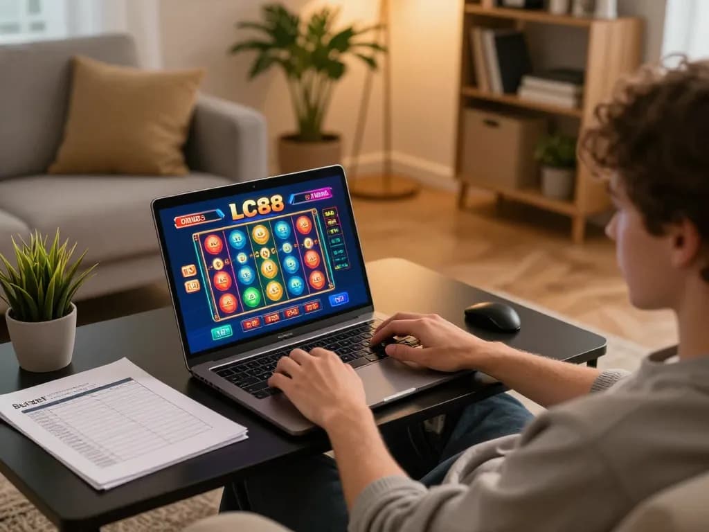 Player engaging with LC88 online slots game in a cozy living room setting.