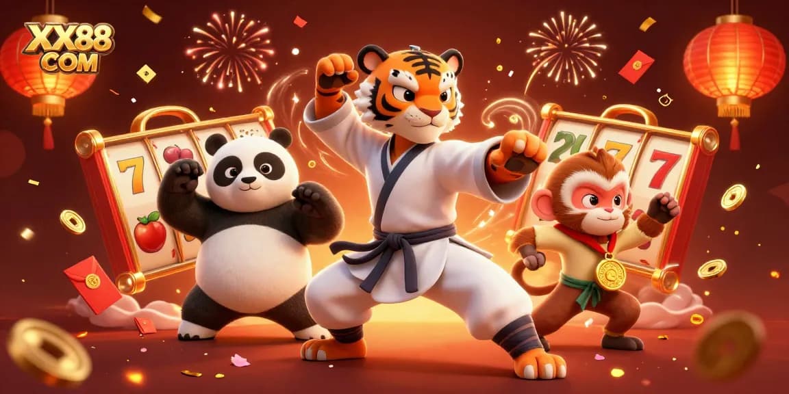 Experience the thrill of XX88 COM with 3D tiger, panda, and playful monkey in a dynamic casino setting.