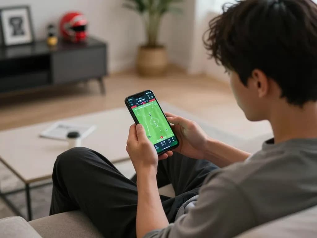 Engaged bettor using 789p app for live sports betting in a modern setting.
