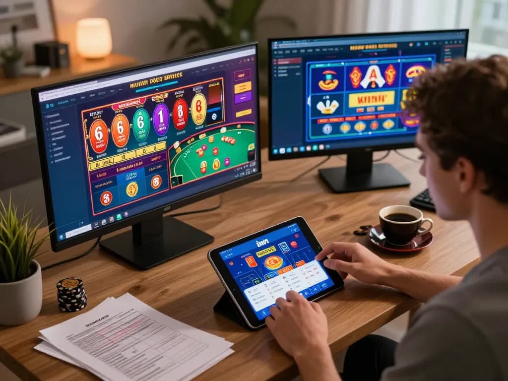 Player engaging with iwin app in cozy home office while enjoying multiple casino games online.