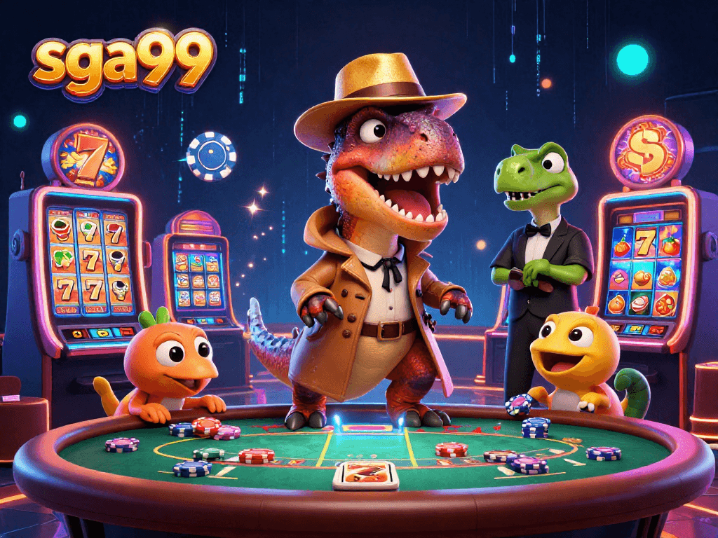 Experience thrilling action at sga99 with a velociraptor card counter and a vibrant casino atmosphere