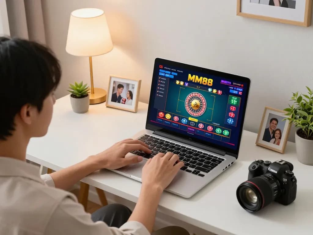 Engaging in online MM88 gaming through a vibrant laptop in a cozy home environment.