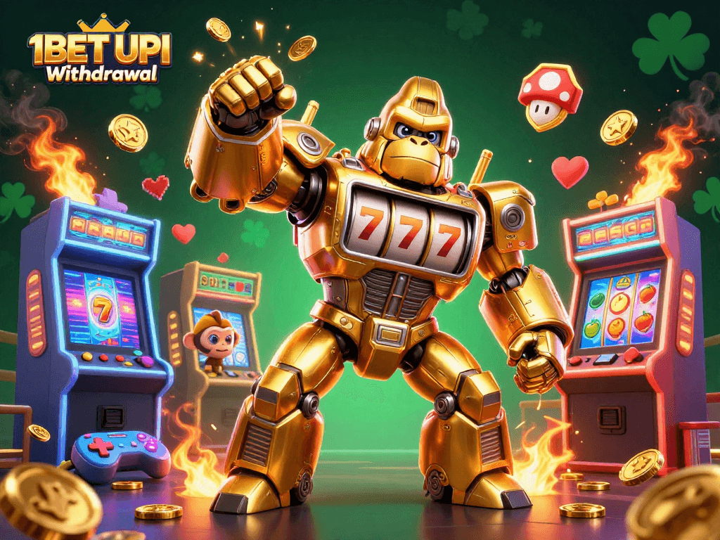 Engage with the thrilling 1BET UPI Withdrawal process amidst a vibrant casino scene.