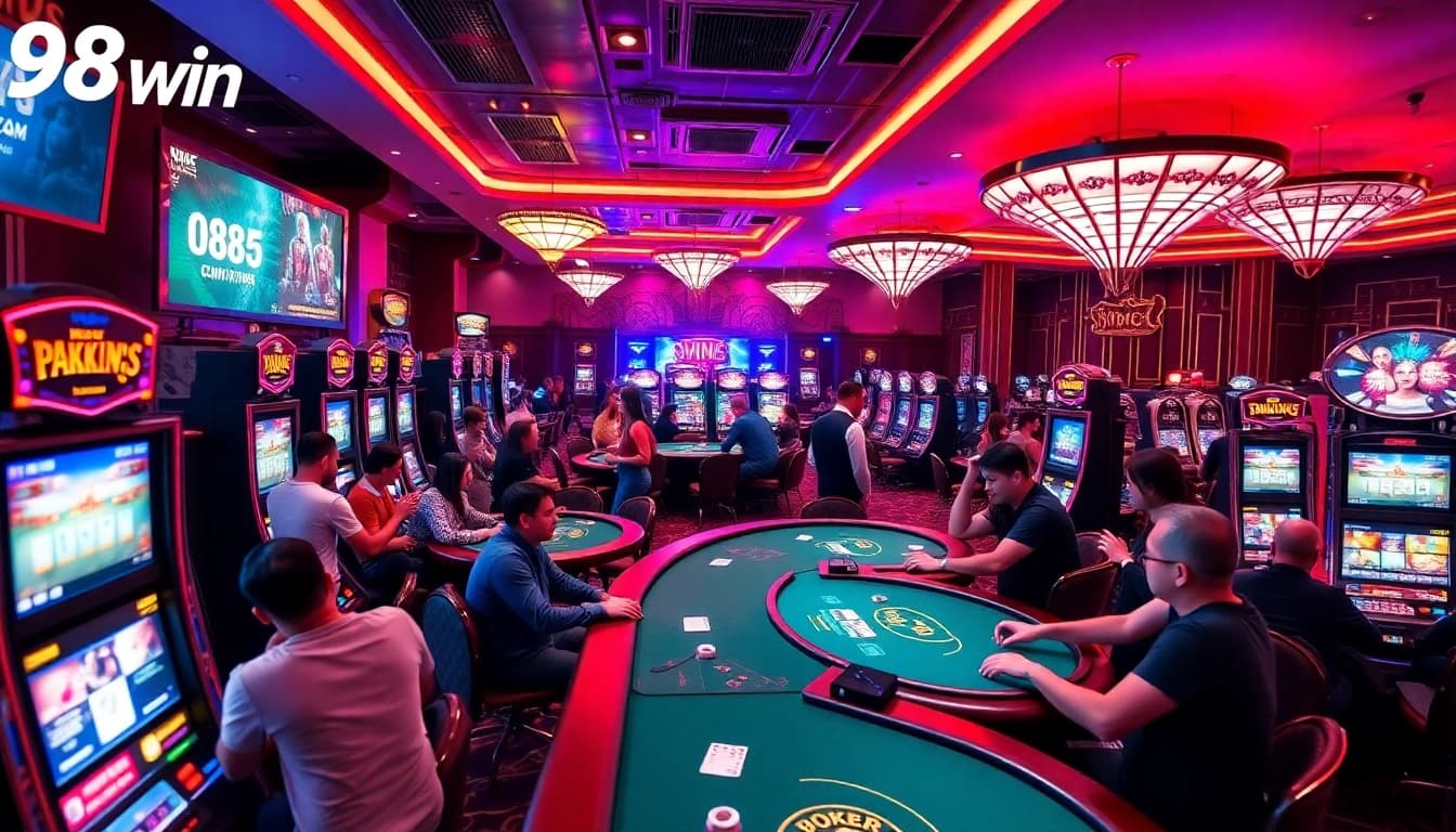 Exciting casino atmosphere at 98win with players enjoying poker and slot machines.