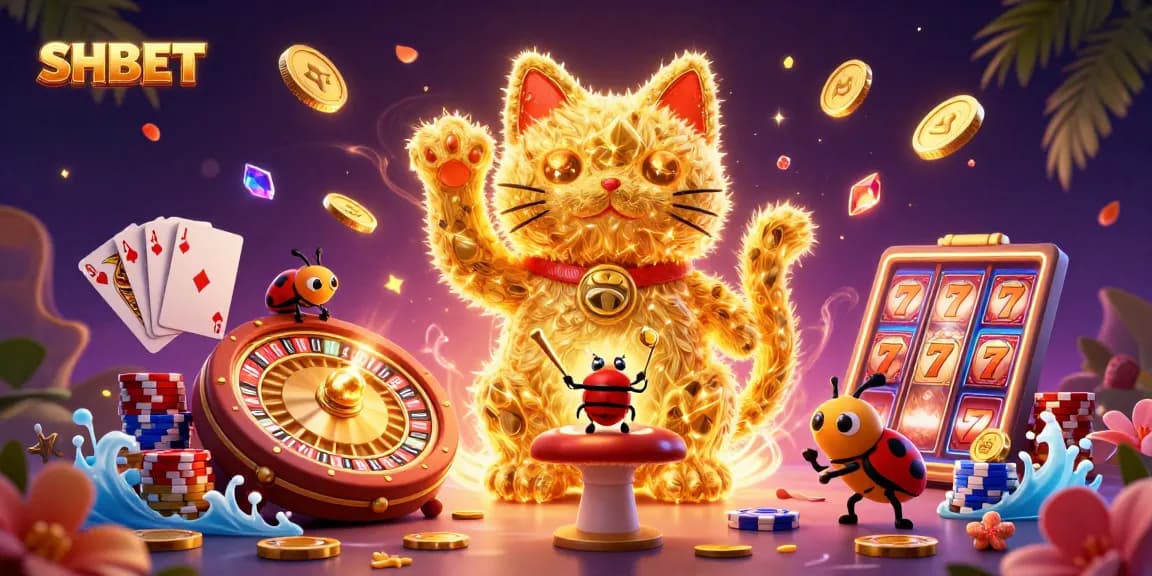 Experience the vibrant world of SHBET casino with a lucky cat and dynamic game symbols illustration.