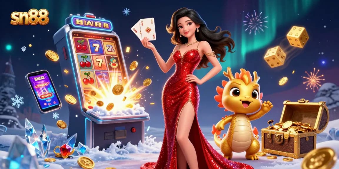Experience thrilling gameplay at sn88 with an exciting casino scene featuring a stunning woman and vibrant gaming elements.