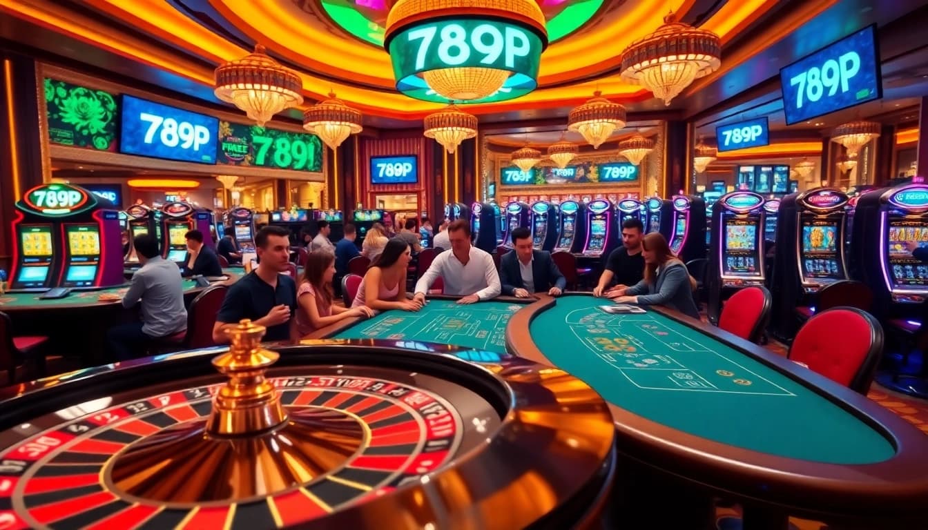A group of players enjoying various games at the luxurious 789P casino, featuring roulette and poker tables.