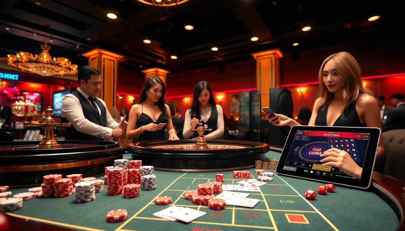 Experience exciting gameplay at PG88 with vibrant casino tables and engaging dealers in a luxurious setting.