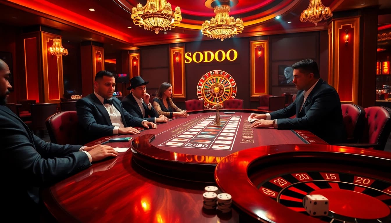 SODO CASINO showcases an exciting high-stakes poker game under elegant lighting with vibrant chips and cards.