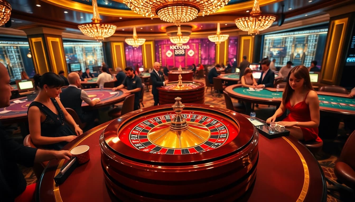 K88 players enjoying an exciting night at the casino with roulette and poker games.