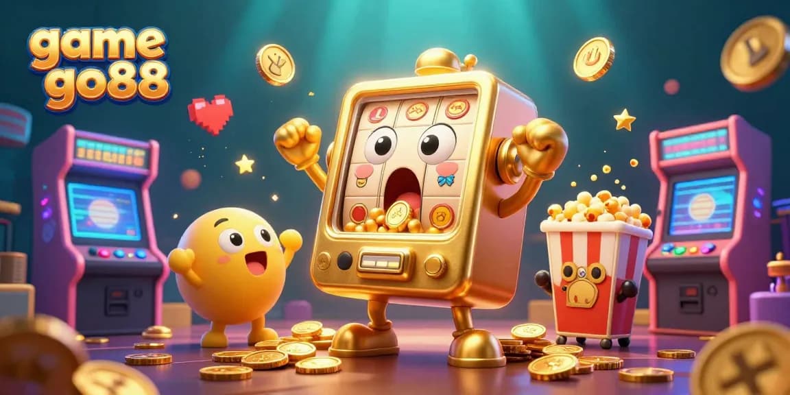 Experience the excitement of game go88 as the jackpot reveals coins from a cheerful slot machine, surrounded by fun gaming elements.