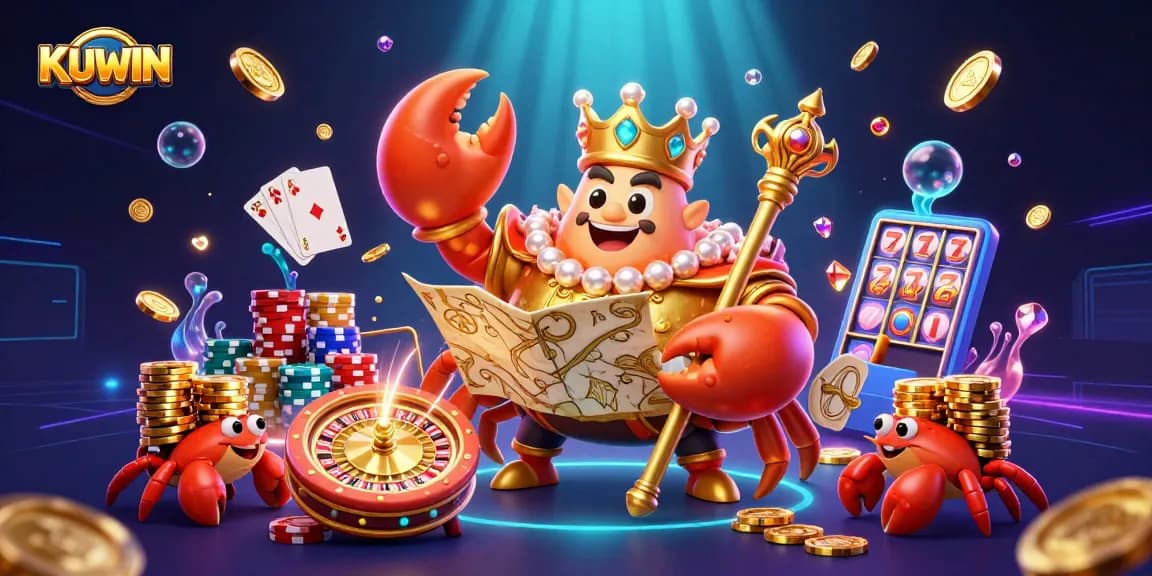 Experience the vibrant world of KUWIN casino with a golden crab emperor and dazzling casino elements.