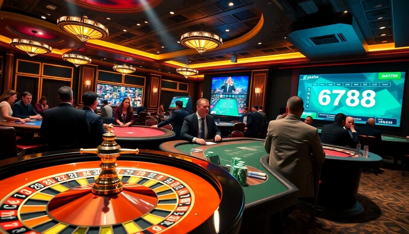 Exciting online gambling scene featuring ga6789 branding, roulette wheel, and active gamblers engaged in high-stakes betting.
