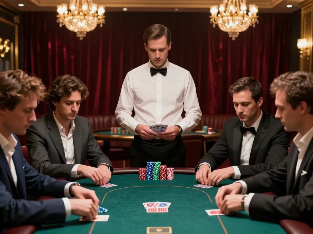 megaplus88 players strategizing high-stakes poker game in an elegant casino setting