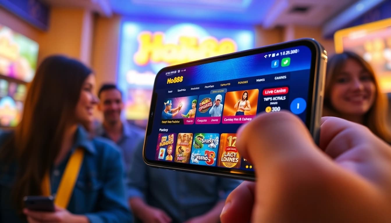 Ho88 online gaming platform interface on a smartphone, showcasing vibrant casino games and sports betting options.