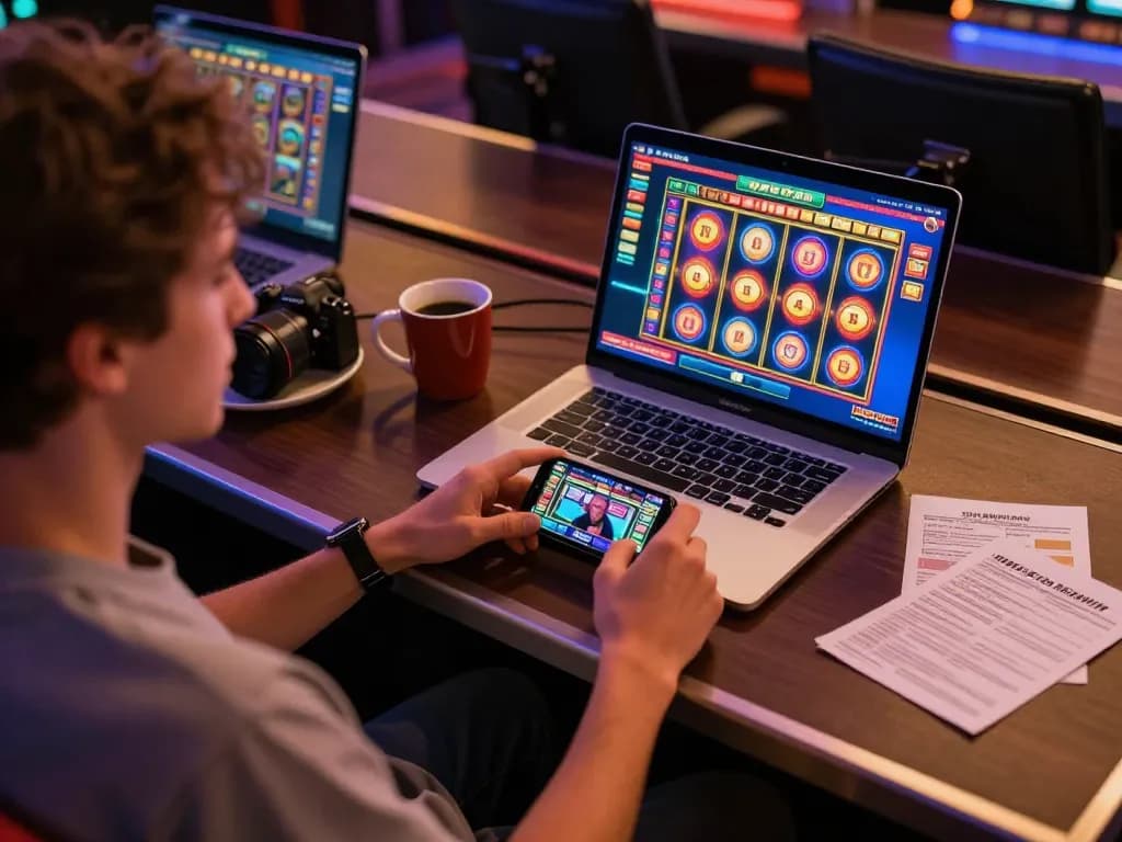 Engaging online gaming session with sc881 slot machine interface, person analyzing strategies and enjoying gameplay.