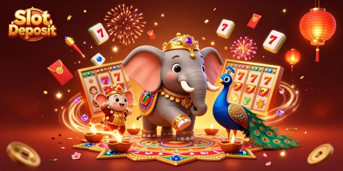 Spin to win at Slot Deposit with vibrant 3D illustrations of festive characters and casino elements.