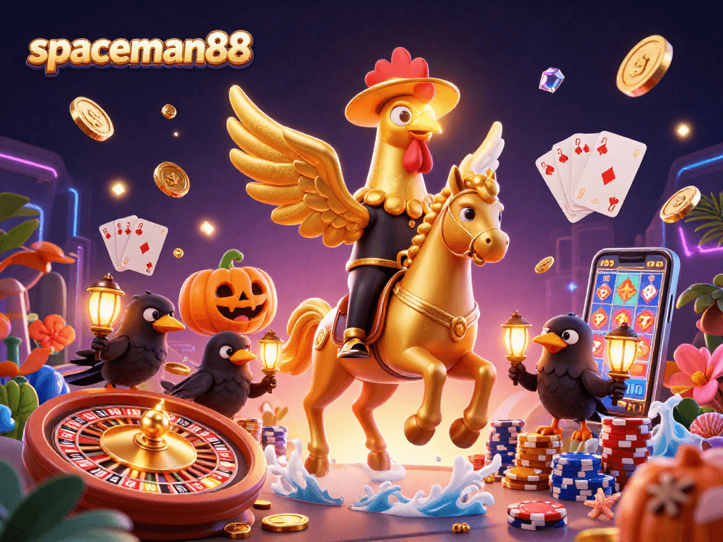 Engage in thrilling casino action with spaceman88 in a vibrant 3D scene featuring golden rooster characters and classic gaming symbols.