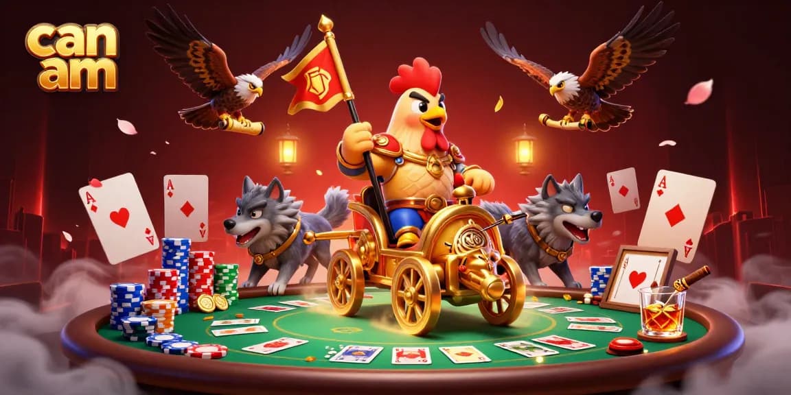 Engage with can am gambling strategies amidst a vibrant poker showdown scene featuring unique characters.