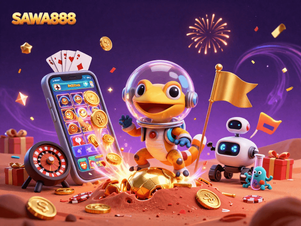 Experience SAWA888 as Martian gecko and friends celebrate a jackpot win in golden casino discovery.