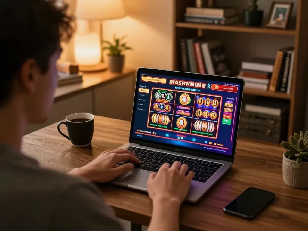 Player interacting with 8live's online casino gaming setup, showcasing vibrant slot games on screen.