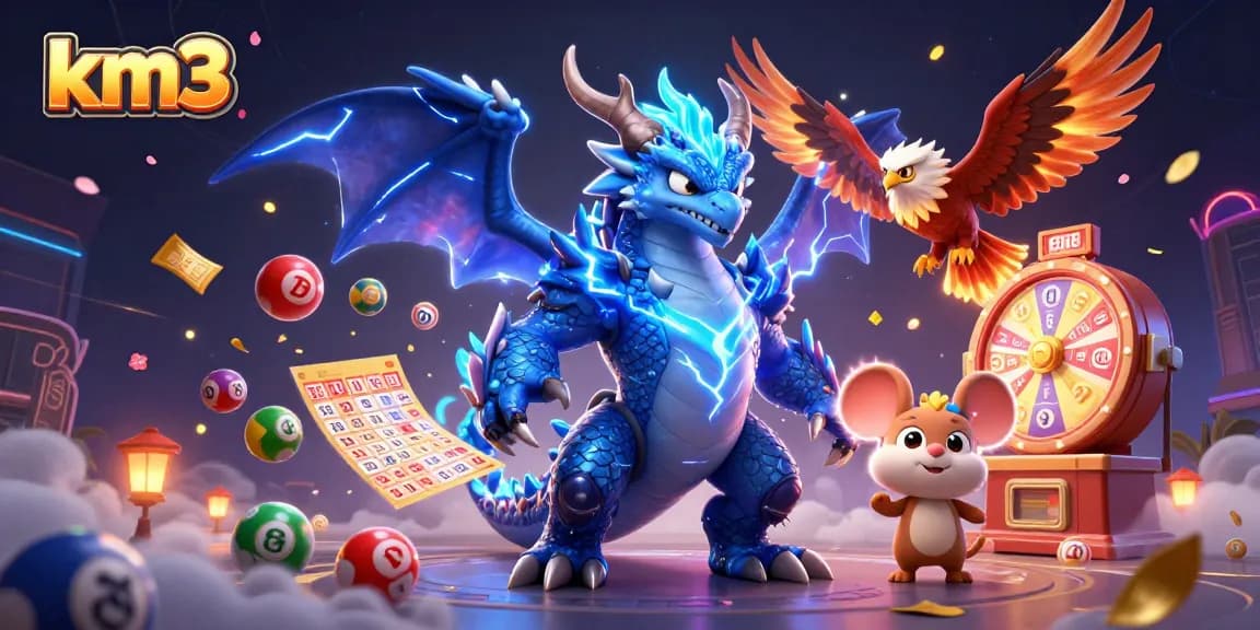 Spin to win with km3 in this vibrant casino-themed 3D illustration featuring dynamic lottery elements.
