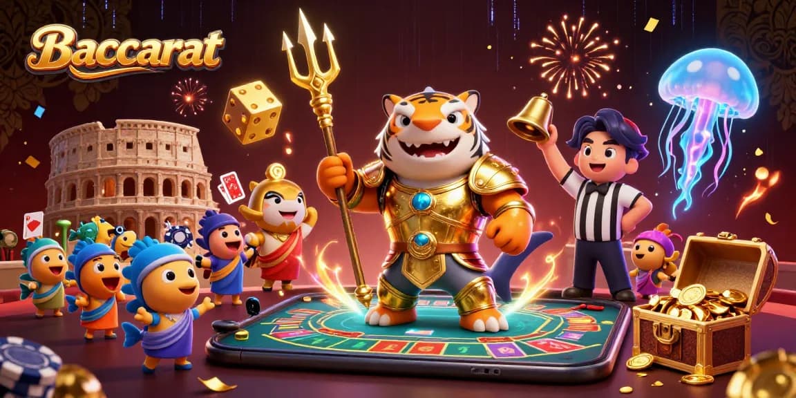 Experience Baccarat action with tiger shark dealer, chips flying, and vibrant casino atmosphere.