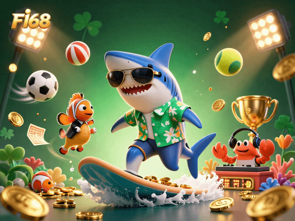 Experience exciting gaming at F168 with a vibrant cartoon illustration of unusual characters celebrating with gold coins and sports elements.