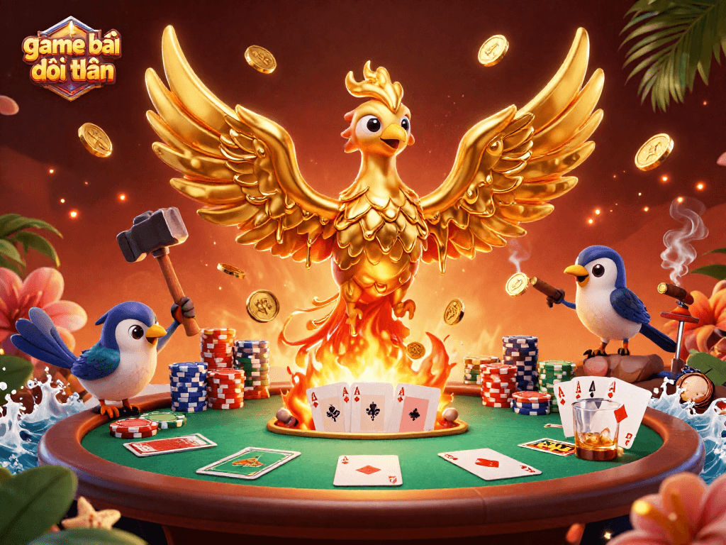 Engage in game bài đổi thưởng with a golden phoenix and poker elements amid a vibrant casino scene.