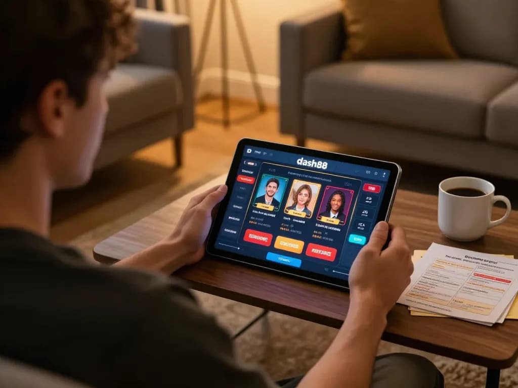 Player enjoying dash88 online gaming experience with tablet in a cozy home setting.