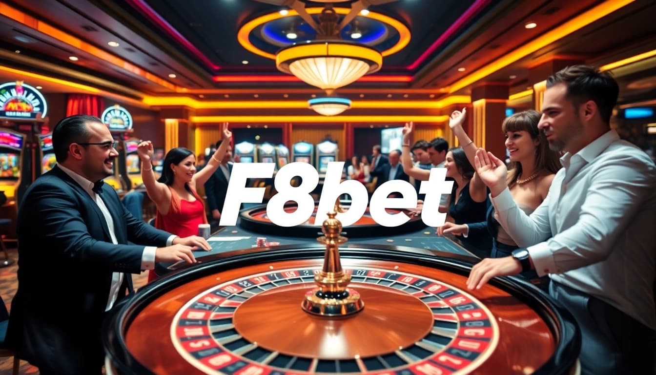 Gambling at F8bet with players cheering around a roulette table and colorful slot machines.