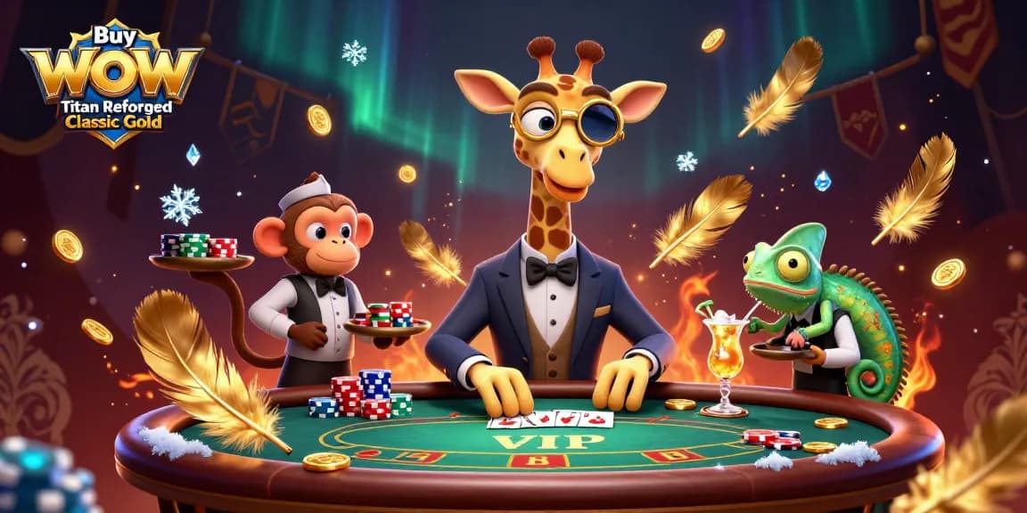 Buy WoW Titan Reforged Classic Gold with a high-roller giraffe at a packed poker table, offering premium gaming action.