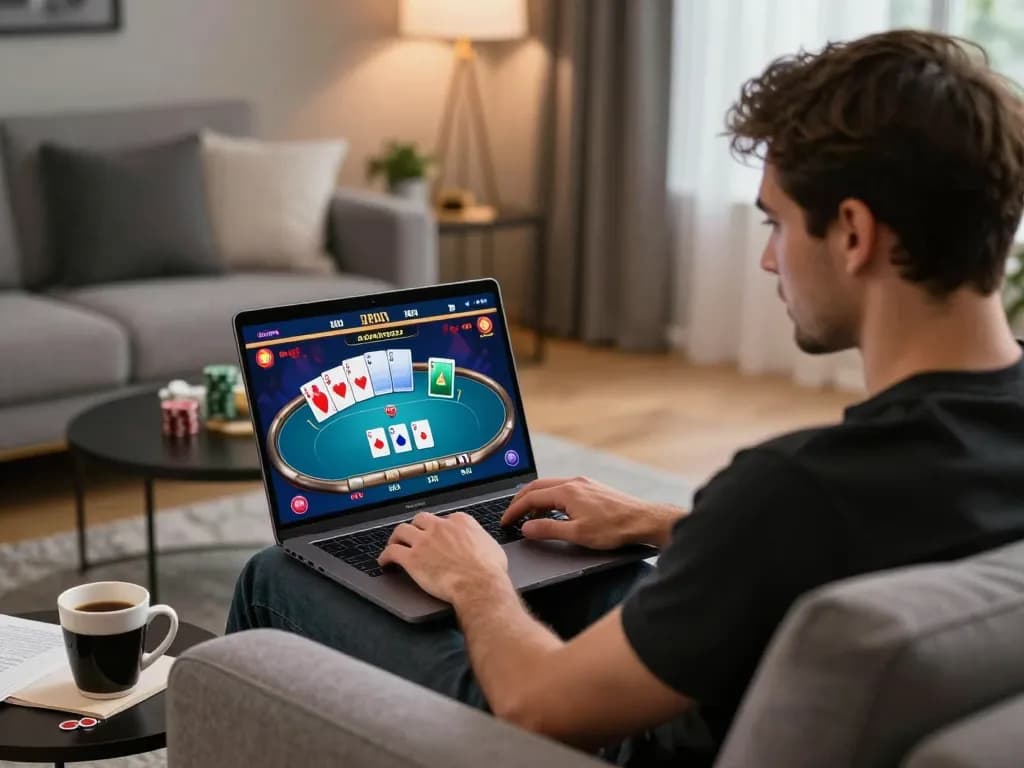 Engaging in online poker through 388bet from a stylish couch, showcasing immersive gameplay experience.