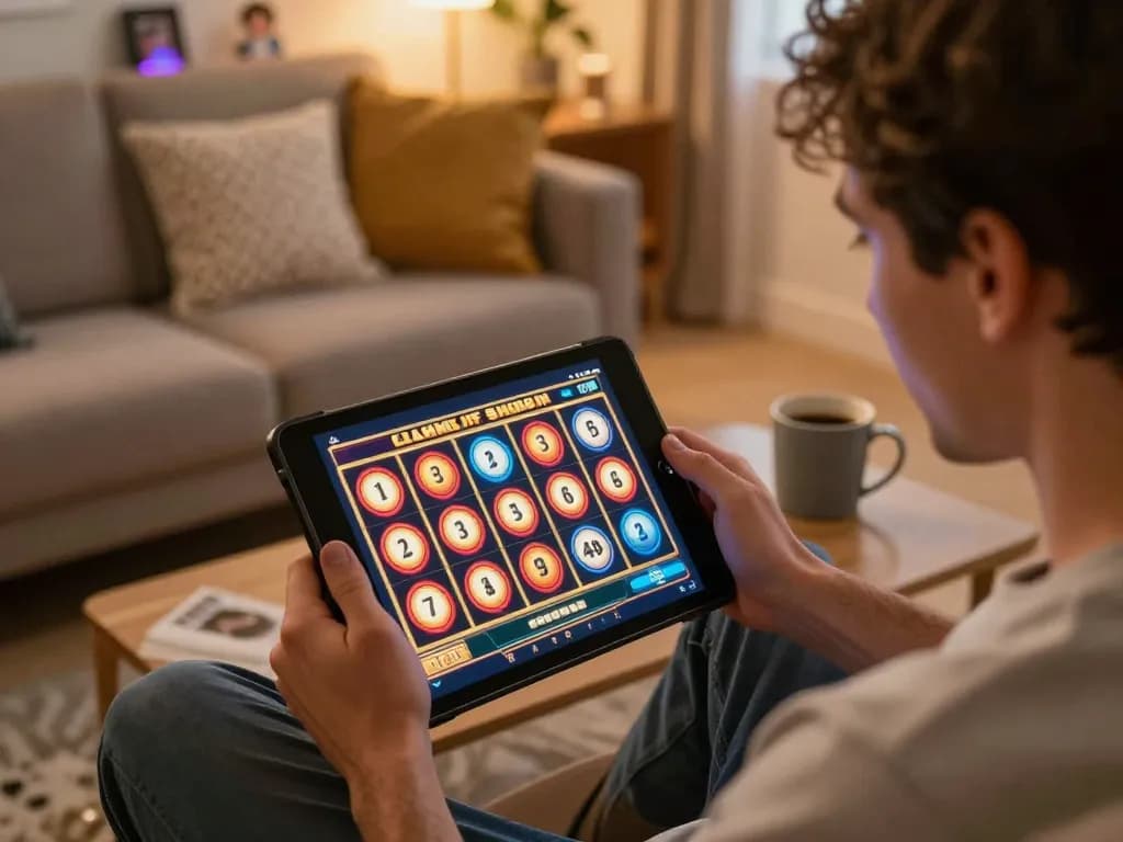 Player engaging with online casino slot game on tablet in a cozy gincal-inspired home setting.