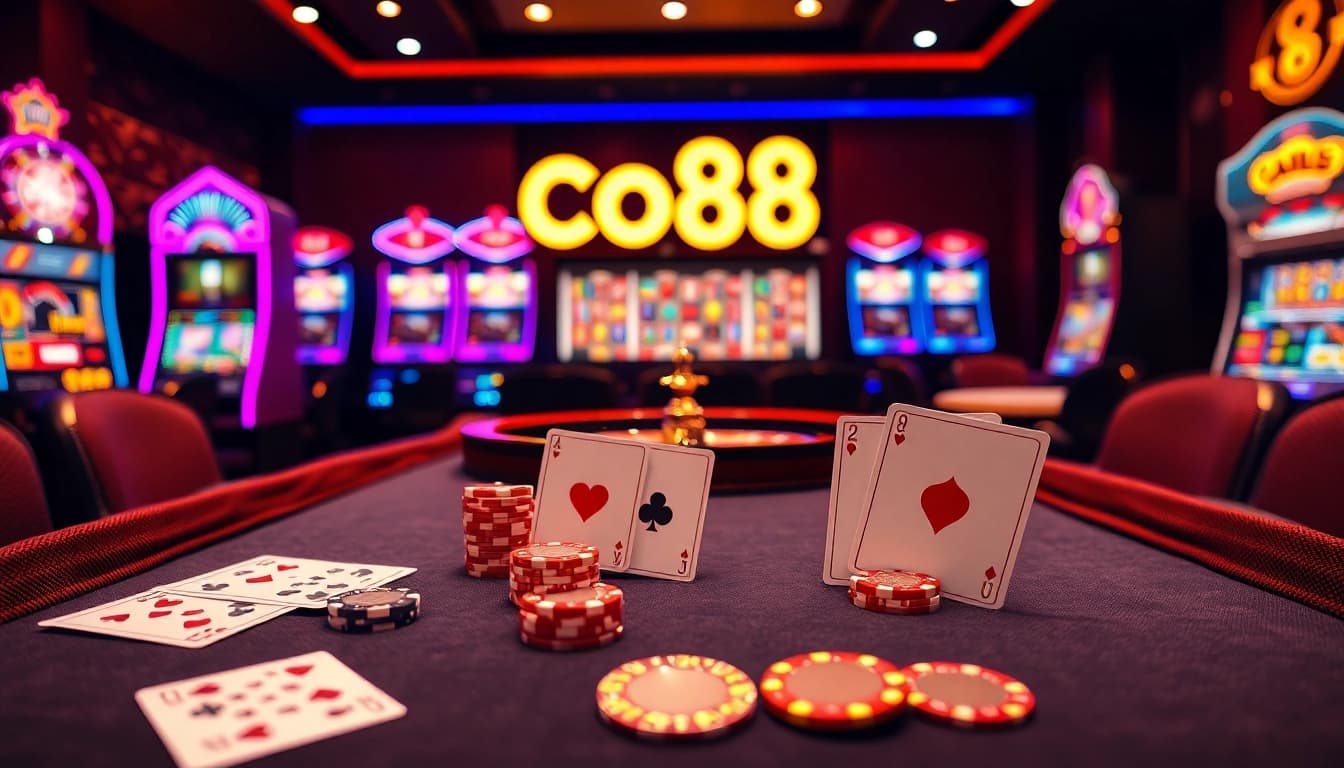 Exciting poker action with Co88 chips at a luxurious casino table.