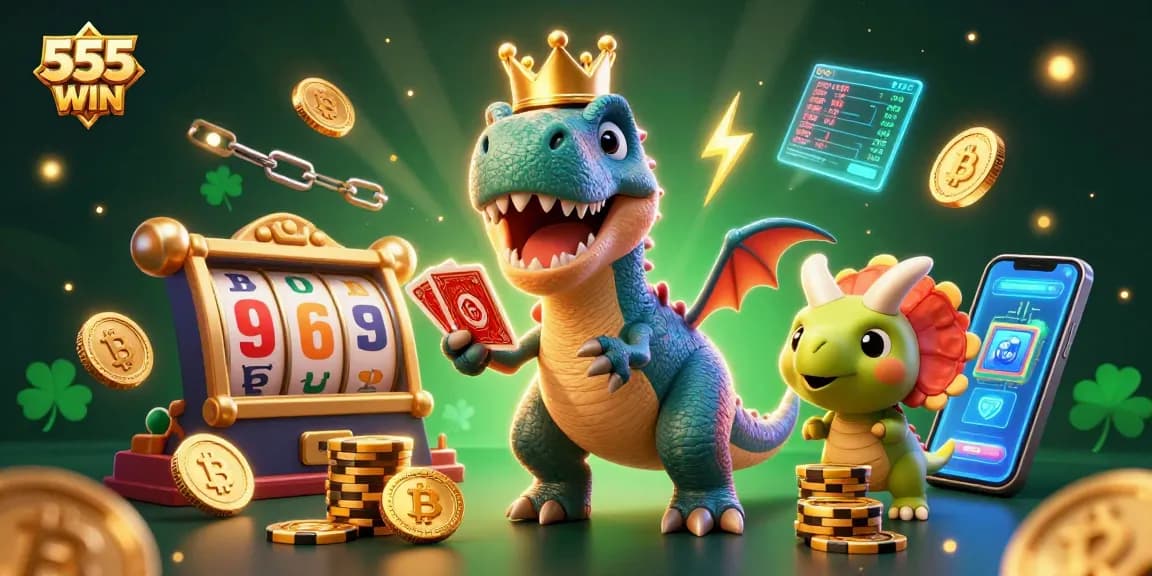 Experience thrilling gameplay with 555WIN where a friendly T-Rex shuffles cards amidst vibrant casino elements.
