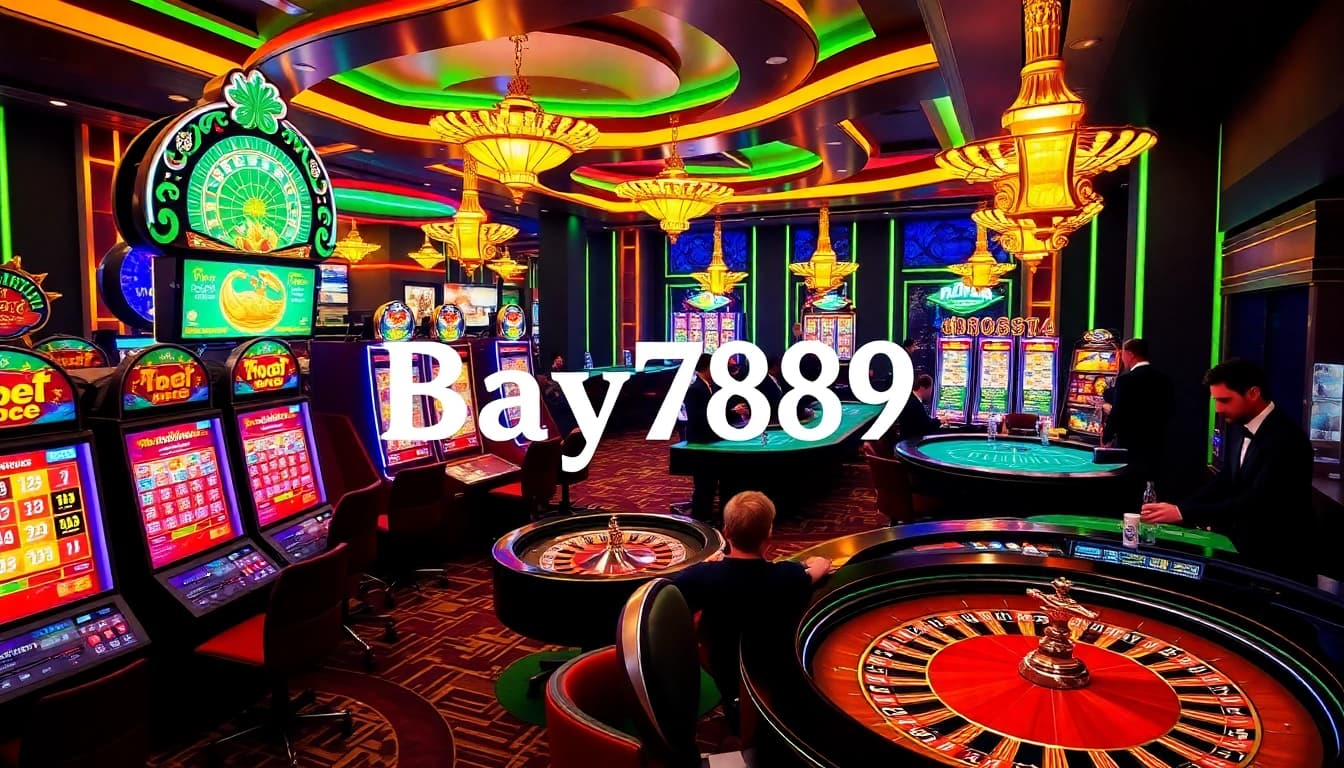 Bay789 players experiencing thrilling casino gameplay with vibrant slot machines and roulette.