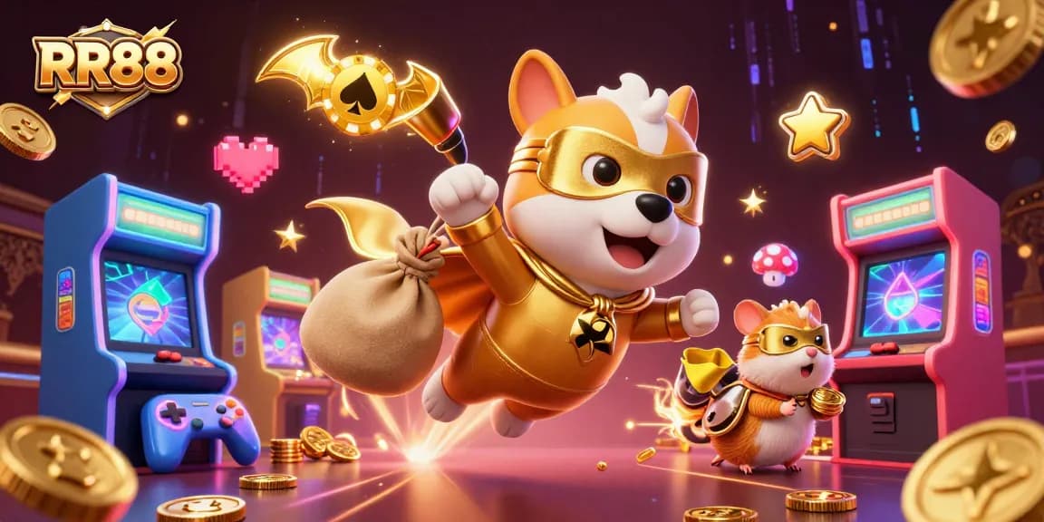 Join the fun at RR88 with a superhero dog and hamster illustrating online gaming excitement!