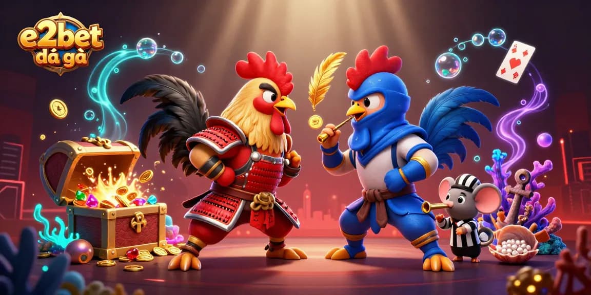 Watch the thrilling standoff in e2bet đá gà featuring dynamic fighting roosters and casino elements.