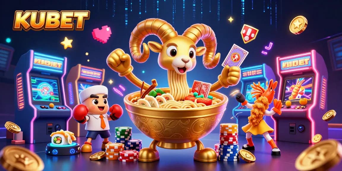 KUBET's vibrant 3D cartoon scene showcases a golden ramen bowl dealer, sushi dealer, and tempura cheerleaders amidst dynamic arcade elements.