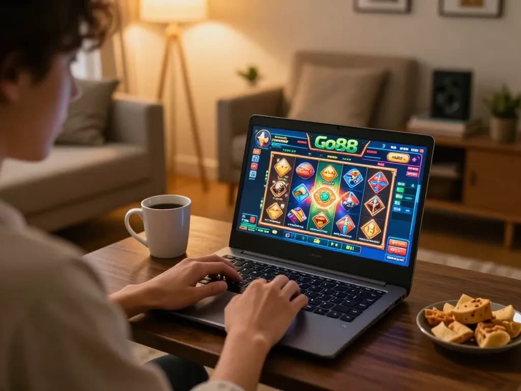 Engage in thrilling Go88 casino games from the comfort of home with a laptop and cozy decor.