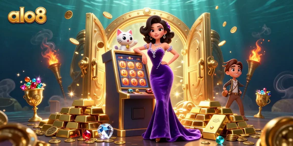 Play and win at alo8 with a stunning casino illustration showcasing jackpot slots and treasures.