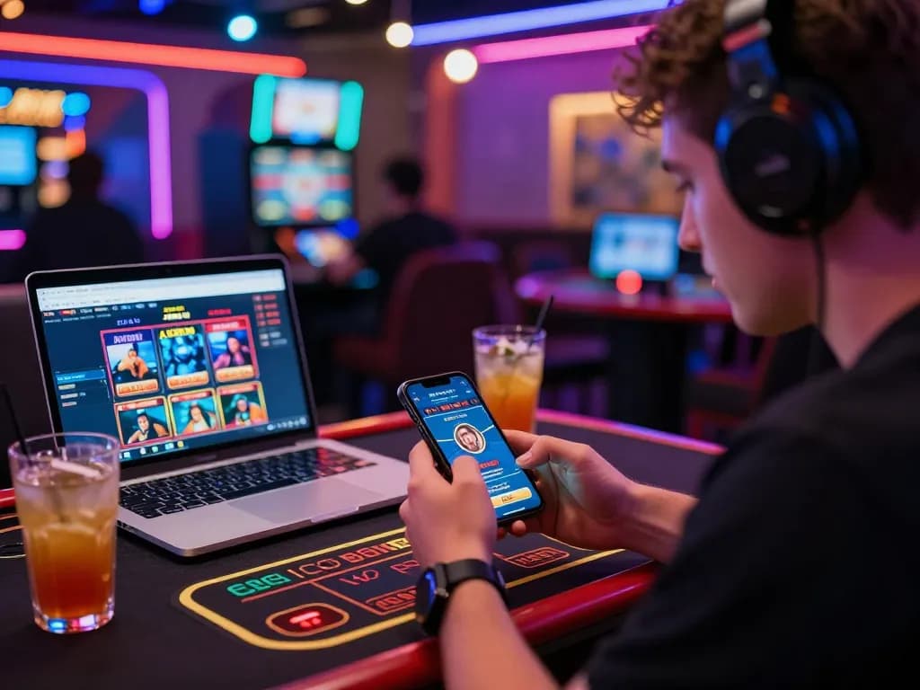 Engaged gamer on 32win smartphone with vibrant interface and drinks.