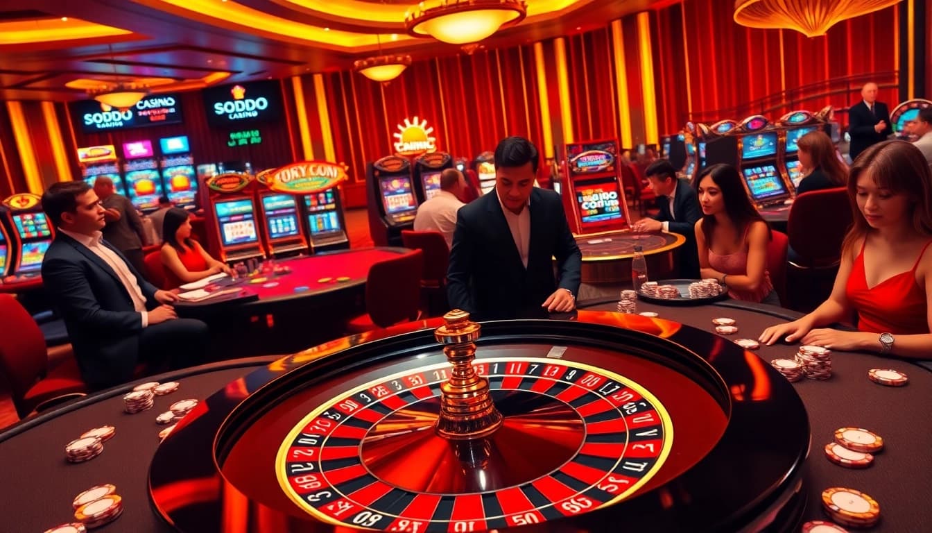 SODO CASINO guests enjoying luxurious games at roulette and slot machines.