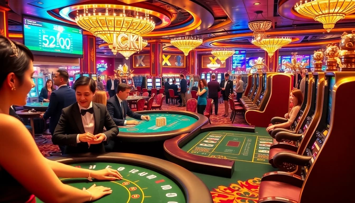 Exciting casino scene featuring players enjoying various games like poker, dice, and slot machines at Okking.